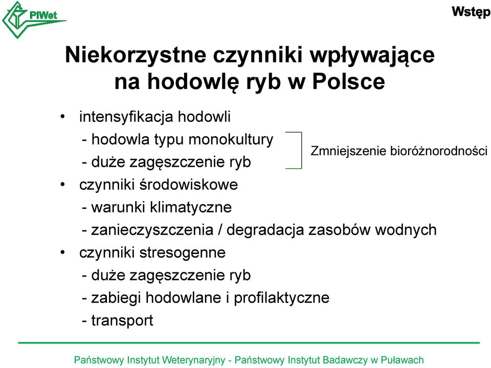 klimatyczne - zanieczyszczenia / degradacja zasobów wodnych czynniki stresogenne -