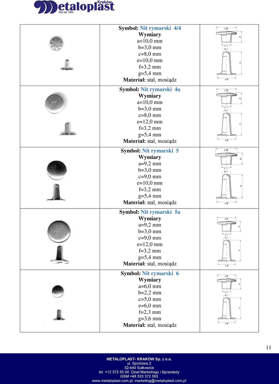 c=9,0 mm e=10,0 mm f=3,2 mm g=5,4 mm, mosiądz Symbol: Nit rymarski 5a a=9,2 mm b=3,0 mm c=9,0 mm e=12,0 mm