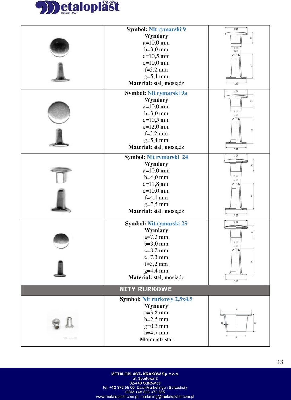 mm b=4,0 mm c=11,8 mm e=10,0 mm f=4,4 mm g=7,5 mm, mosiądz Symbol: Nit rymarski 25 a=7,3 mm b=3,0 mm c=8,2