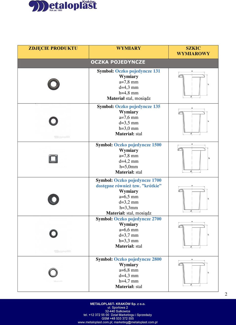 mm d=4,2 mm h=5,0mm Symbol: Oczko pojedyncze 1700 dostępne również tzw.