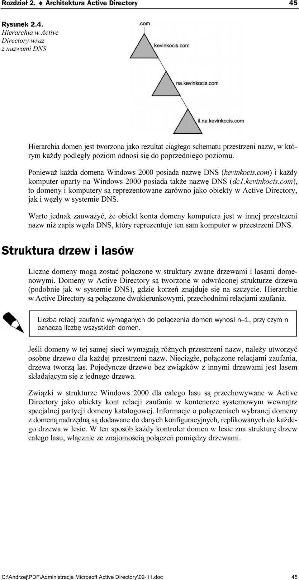 Hierarchia w Active Directory wraz z nazwami DNS Hierarchia domen jest tworzona jako rezultat ciągłego schematu przestrzeni nazw, w którym każdy podległy poziom odnosi się do poprzedniego poziomu.