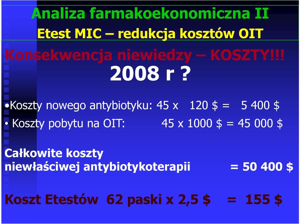 Koszty nowego antybiotyku: 45 x 120 $ = 5 400 $ Koszty pobytu na OIT: 45
