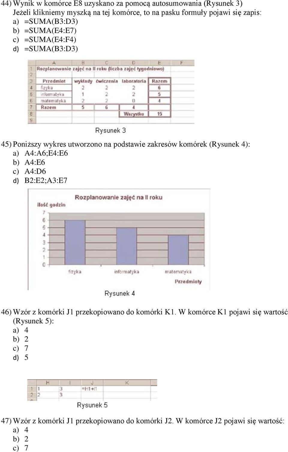 (Rysunek 4): a) A4:A6;E4:E6 b) A4:E6 c) A4:D6 d) B2:E2;A3:E7 46) Wzór z komórki J1 przekopiowano do komórki K1.