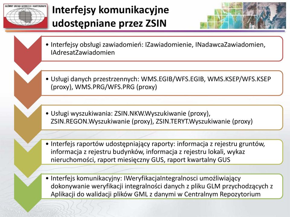 Wyszukiwanie (proxy) Interfejs raportów udostępniający raporty: informacja z rejestru gruntów, informacja z rejestru budynków, informacja z rejestru lokali, wykaz nieruchomości, raport