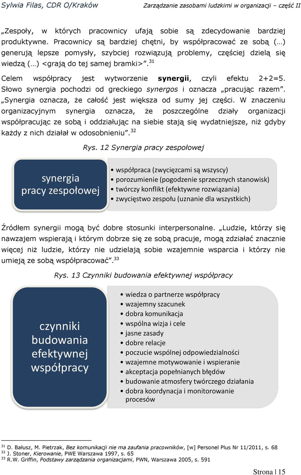 31 Celem współpracy jest wytworzenie synergii, czyli efektu 2+2=5. Słowo synergia pochodzi od greckiego synergos i oznacza pracując razem. Synergia oznacza, że całość jest większa od sumy jej części.