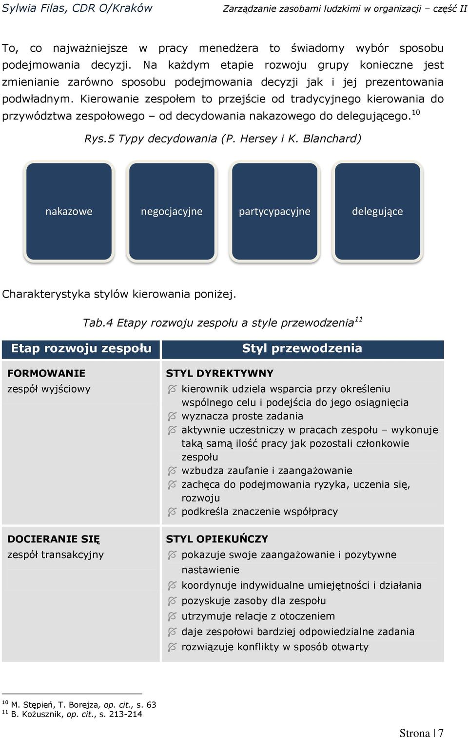 Kierowanie zespołem to przejście od tradycyjnego kierowania do przywództwa zespołowego od decydowania nakazowego do delegującego. 10 Rys.5 Typy decydowania (P. Hersey i K.