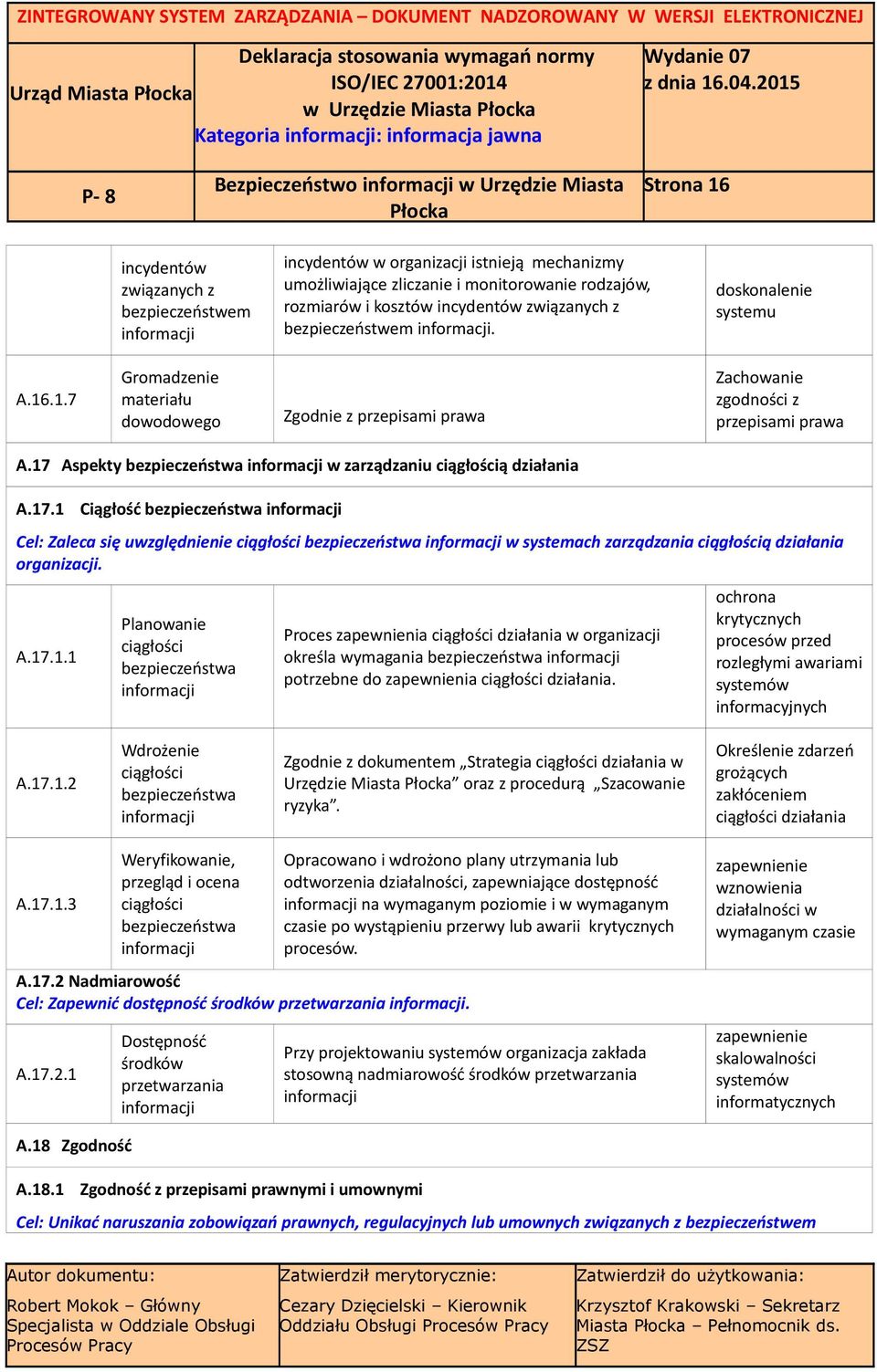 17 Aspekty w zarządzaniu ciągłością działania A.17.1 Ciągłość Cel: Zaleca się uwzględnienie ciągłości w systemach zarządzania ciągłością działania organizacji. A.17.1.1 Planowanie ciągłości Proces zapewnienia ciągłości działania w organizacji określa wymagania potrzebne do zapewnienia ciągłości działania.