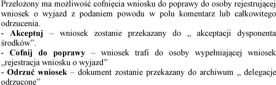 - Akceptuj wniosek zostanie przekazany do akceptacji dysponenta środków.