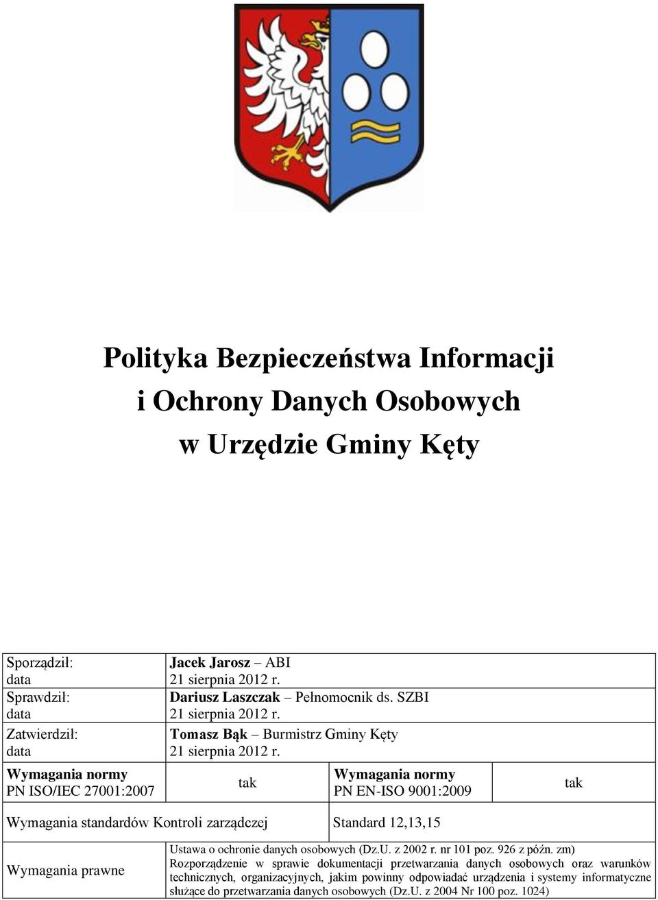 tak Wymagania normy PN EN-ISO 9001:2009 tak Wymagania standardów Kontroli zarządczej Standard 12,13,15 Wymagania prawne Ustawa o ochronie danych osobowych (Dz.U. z 2002 r. nr 101 poz.