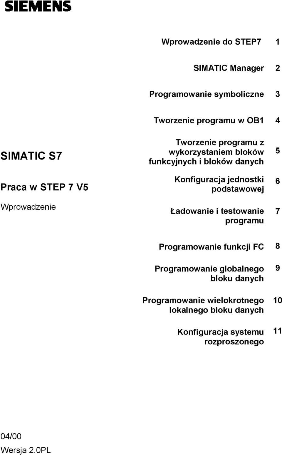 jednostki podstawowej Ładowanie i testowanie programu 5 6 7 Programowanie funkcji FC Programowanie globalnego