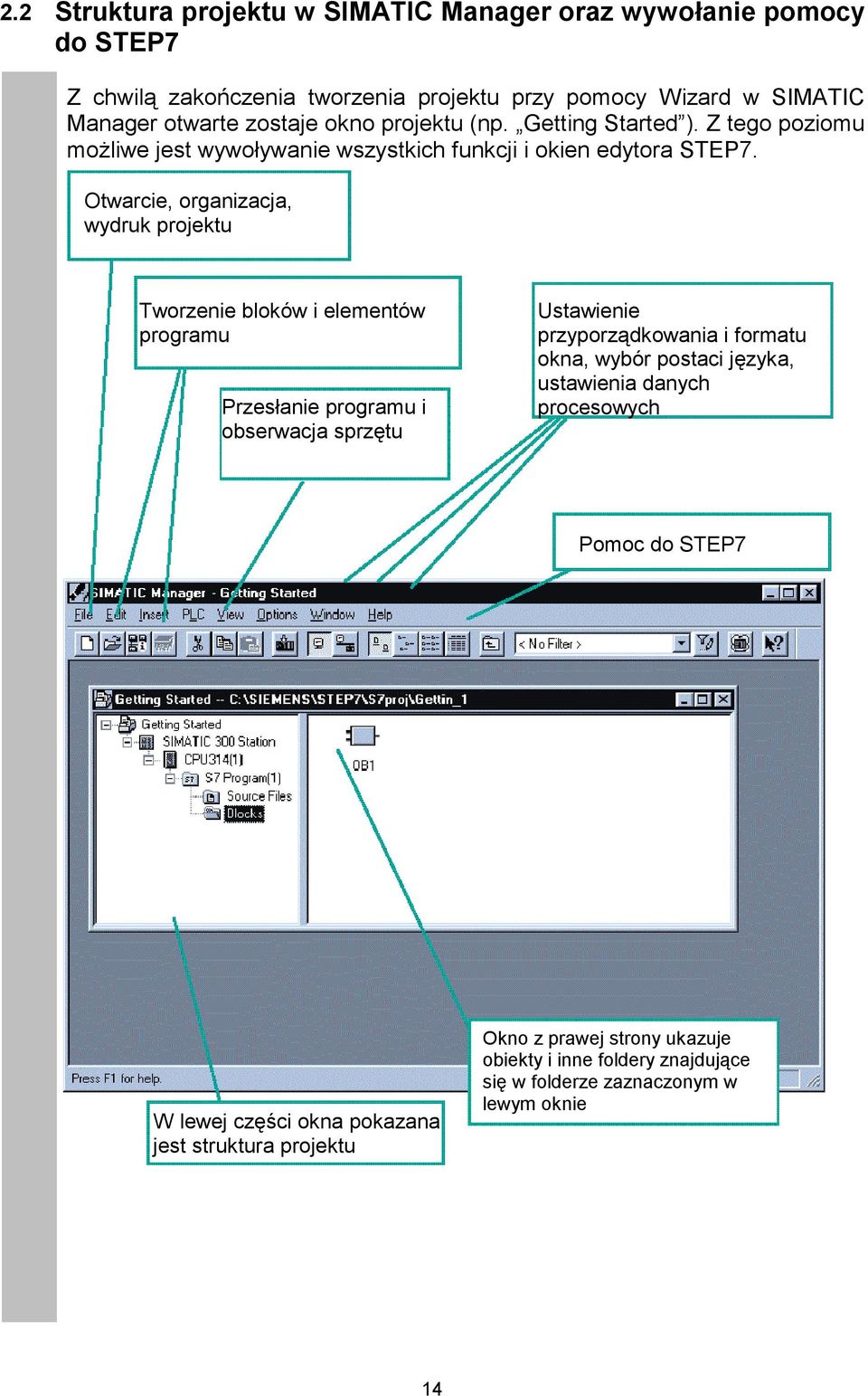 Otwarcie, organizacja, wydruk projektu Tworzenie bloków i elementów programu Przesłanie programu i obserwacja sprzętu Ustawienie przyporządkowania i formatu okna, wybór