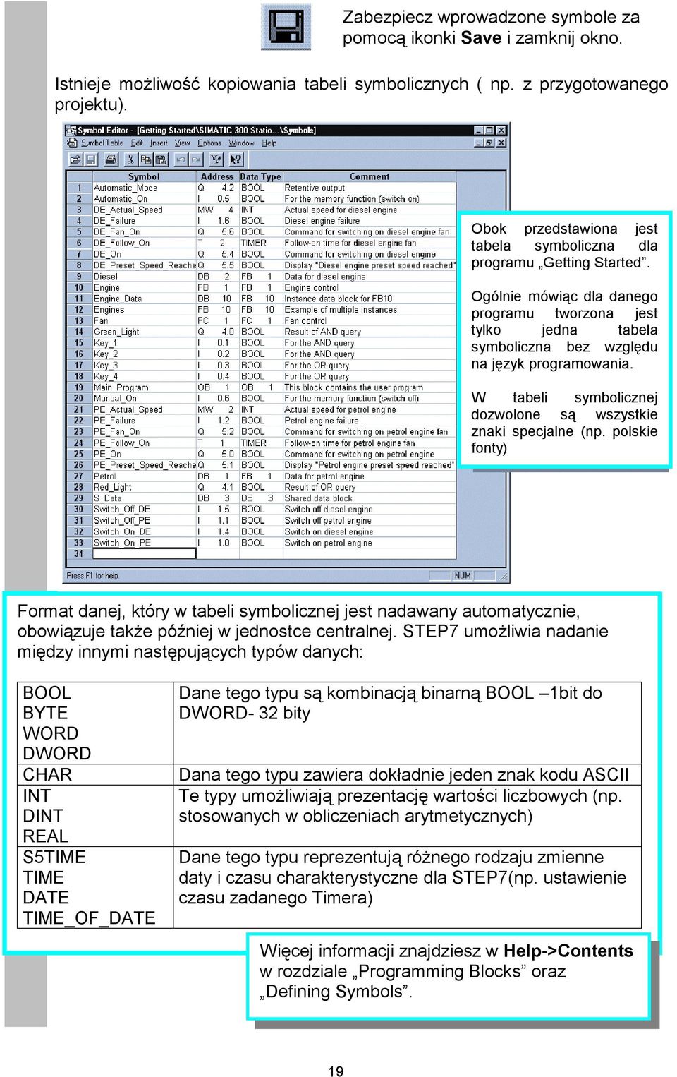 W tabeli symbolicznej dozwolone są wszystkie znaki specjalne (np. polskie fonty) Format danej, który w tabeli symbolicznej jest nadawany automatycznie, obowiązuje także później w jednostce centralnej.