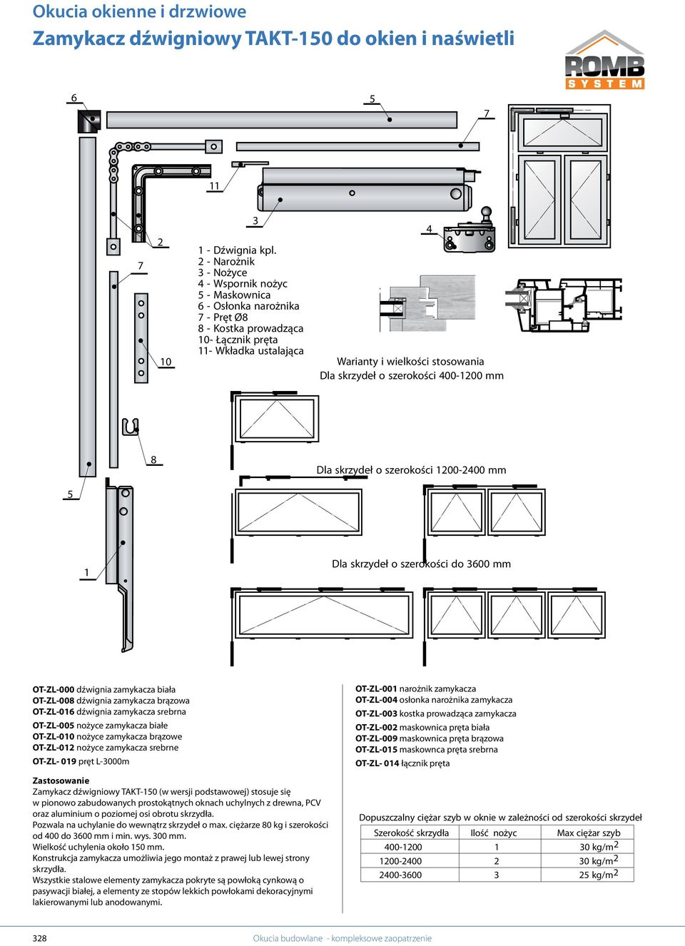 400-1200 mm 4 8 Dla skrzydeł o szerokości 1200-2400 mm 5 1 Dla skrzydeł o szerokości do 3600 mm OT-ZL-000 dźwignia zamykacza biała OT-ZL-008 dźwignia zamykacza brązowa OT-ZL-016 dźwignia zamykacza