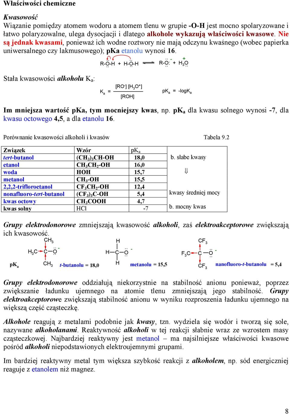 -- -- -: - Stała kwasowości alkoholu K a : K a = [ - ] [ ] [] pk a = -logk a Im mniejsza wartość pka, tym mocniejszy kwas, np.