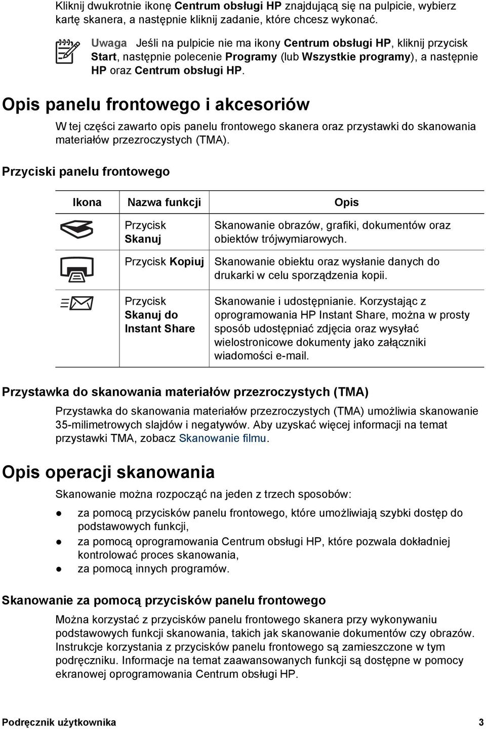 Opis panelu frontowego i akcesoriów W tej części zawarto opis panelu frontowego skanera oraz przystawki do skanowania materiałów przezroczystych (TMA).