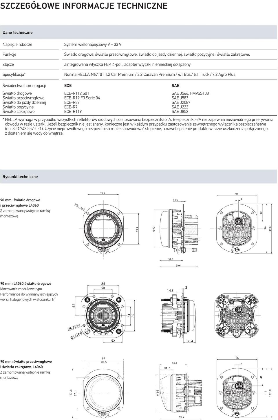 2 Agro Plus Świadectwo homologacji ECE SAE Światło do jazdy dziennej Światło pozycyjne Światło zakrętowe ECE-R112 S01 ECE-R19 F3 Serie 04 ECE-R87 ECE-R7 ECE-R119 SAE J566, FMVSS108 SAE J583 SAE J2087