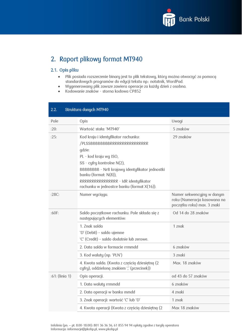 2.2. Struktura danych MT940 Pole Opis Uwagi :20: Wartość stała: MT940 5 znaków :25: Kod kraju i identyfikator rachunku: /PLSSBBBBBBBBRRRRRRRRRRRRRRRR gdzie: PL - kod kraju wg ISO, SS - cyfry