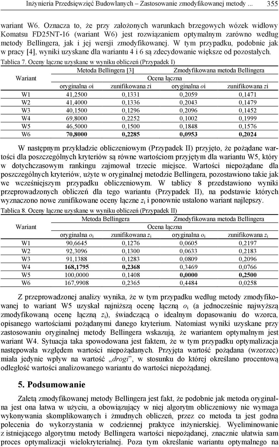 W tym przypadku, podobnie jak w pracy [4], wyniki uzyskane dla wariantu 4 i 6 są zdecydowanie większe od pozostałych. Tablica 7.