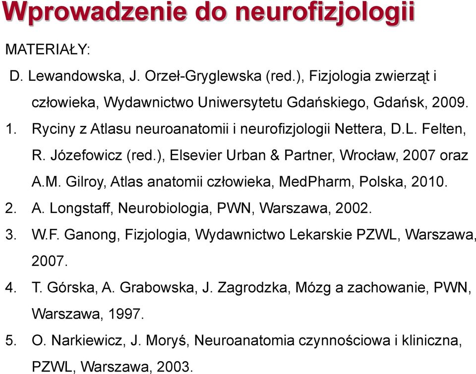 Józefowicz (red.), Elsevier Urban & Partner, Wrocław, 2007 oraz A.M. Gilroy, Atlas anatomii człowieka, MedPharm, Polska, 2010. 2. A. Longstaff, Neurobiologia, PWN, Warszawa, 2002.