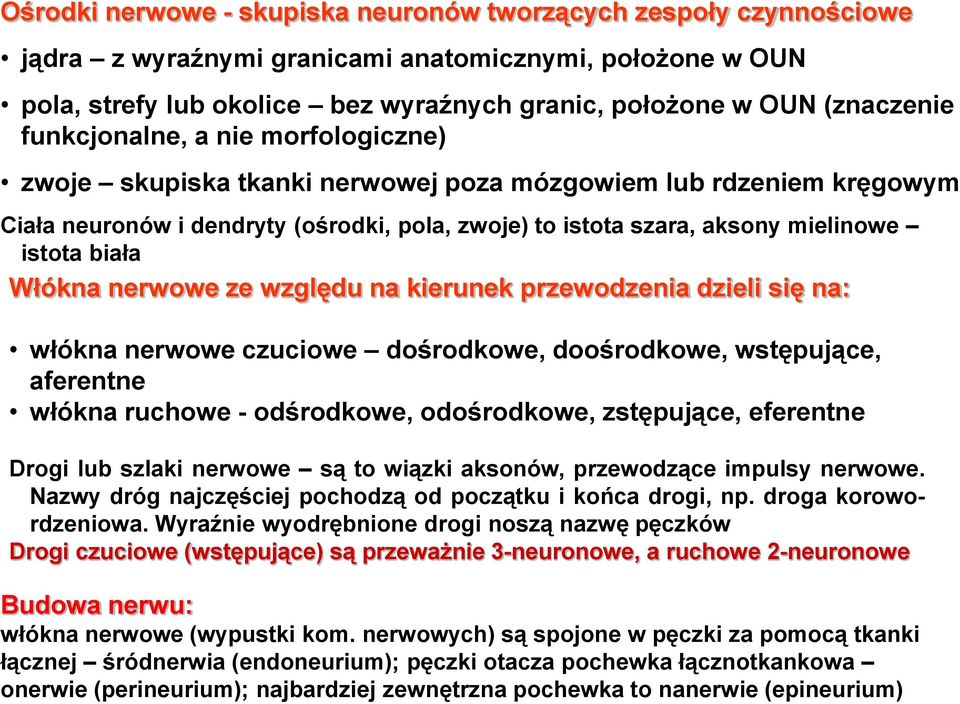 Włókna nerwowe ze względu na kierunek przewodzenia dzieli się na: włókna nerwowe czuciowe dośrodkowe, doośrodkowe, wstępujące, aferentne włókna ruchowe - odśrodkowe, odośrodkowe, zstępujące,