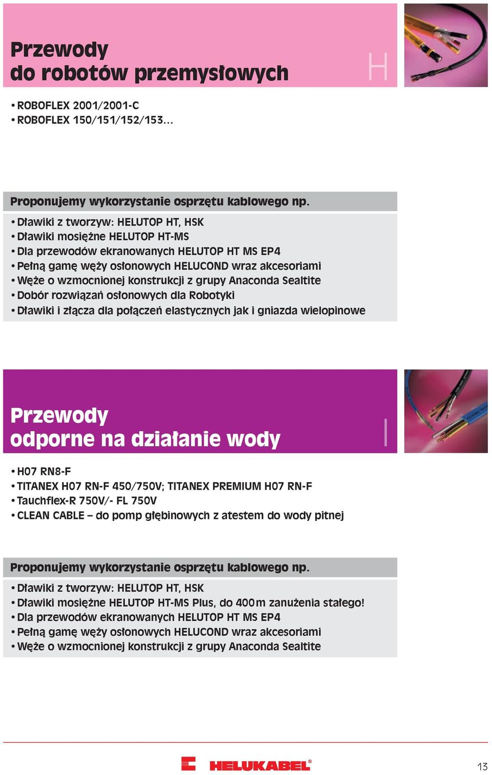 grupy Anaconda Sealtite Dobór rozwiązań osłonowych dla Robotyki Dławiki i złącza dla połączeń elastycznych jak i gniazda wielopinowe Przewody odporne na działanie wody I H07 RN8-F TITANEX H07 RN-F