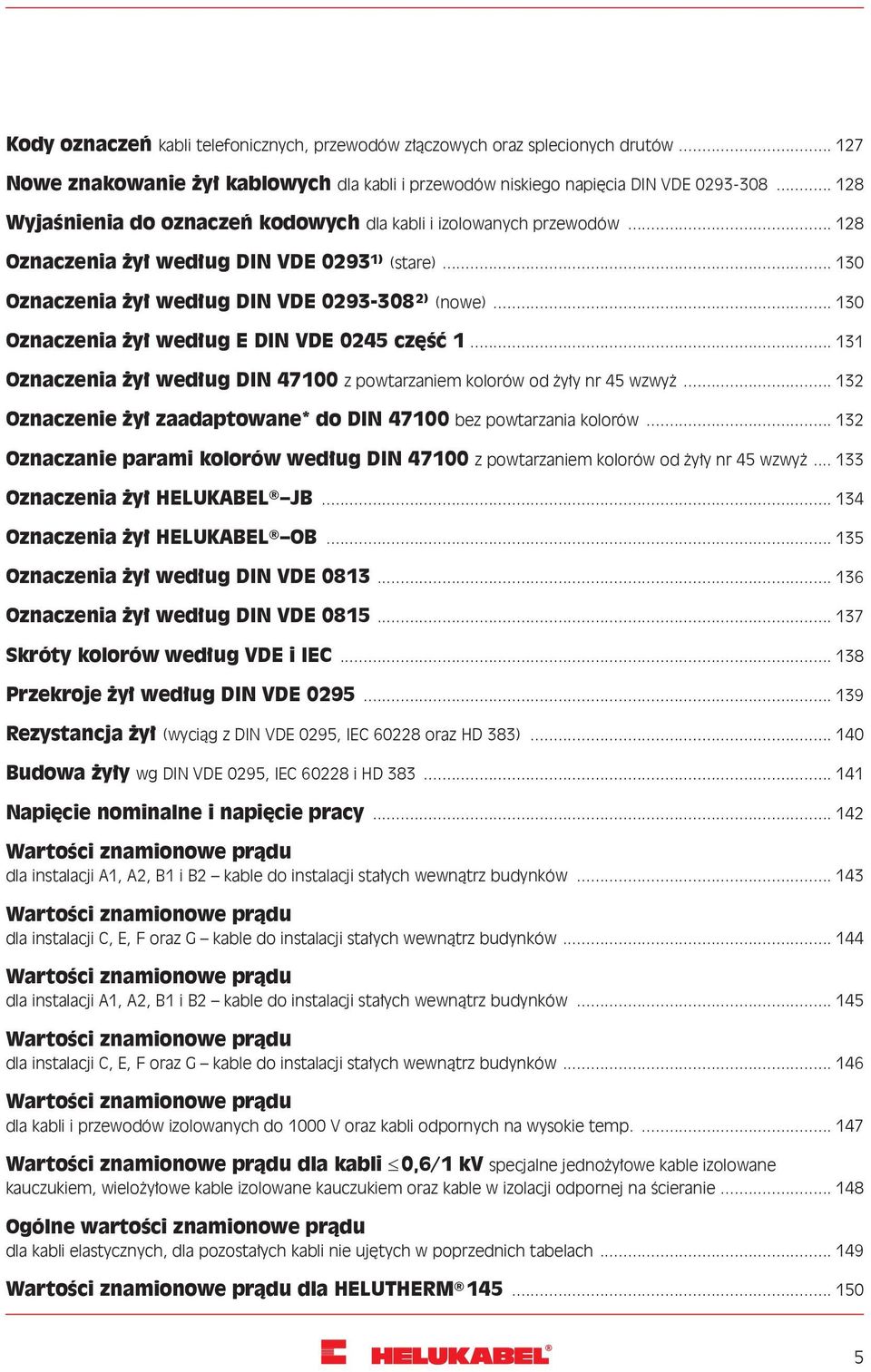 .. 130 Oznaczenia żył według E DIN VDE 0245 część 1... 131 Oznaczenia żył według DIN 47100 z powtarzaniem kolorów od żyły nr 45 wzwyż.