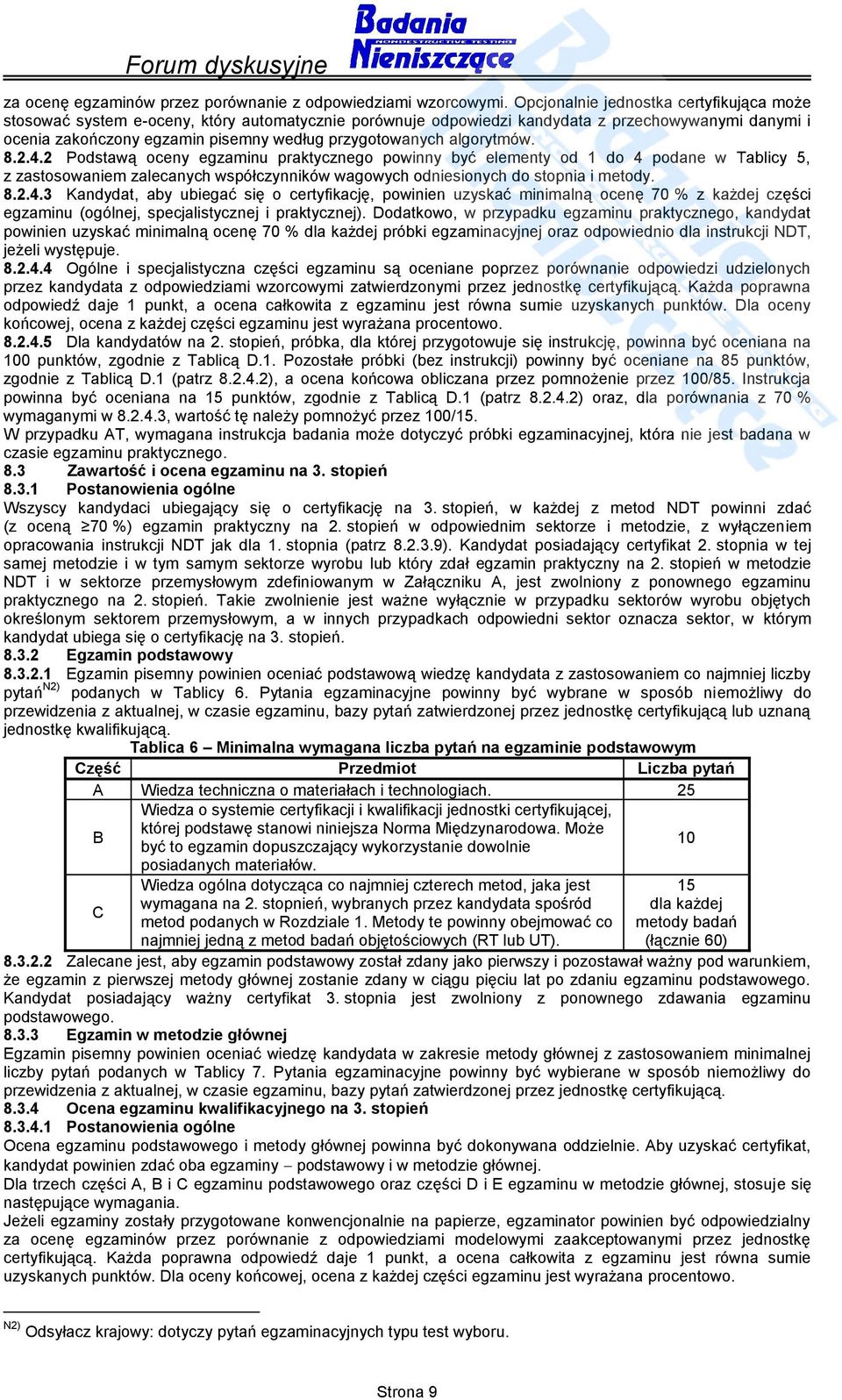 algorytmów. 8.2.4.2 Podstawą oceny egzaminu praktycznego powinny być elementy od 1 do 4 podane w Tablicy 5, z zastosowaniem zalecanych współczynników wagowych odniesionych do stopnia i metody. 8.2.4. Kandydat, aby ubiegać się o certyfikację, powinien uzyskać minimalną ocenę 70 % z każdej części egzaminu (ogólnej, specjalistycznej i praktycznej).