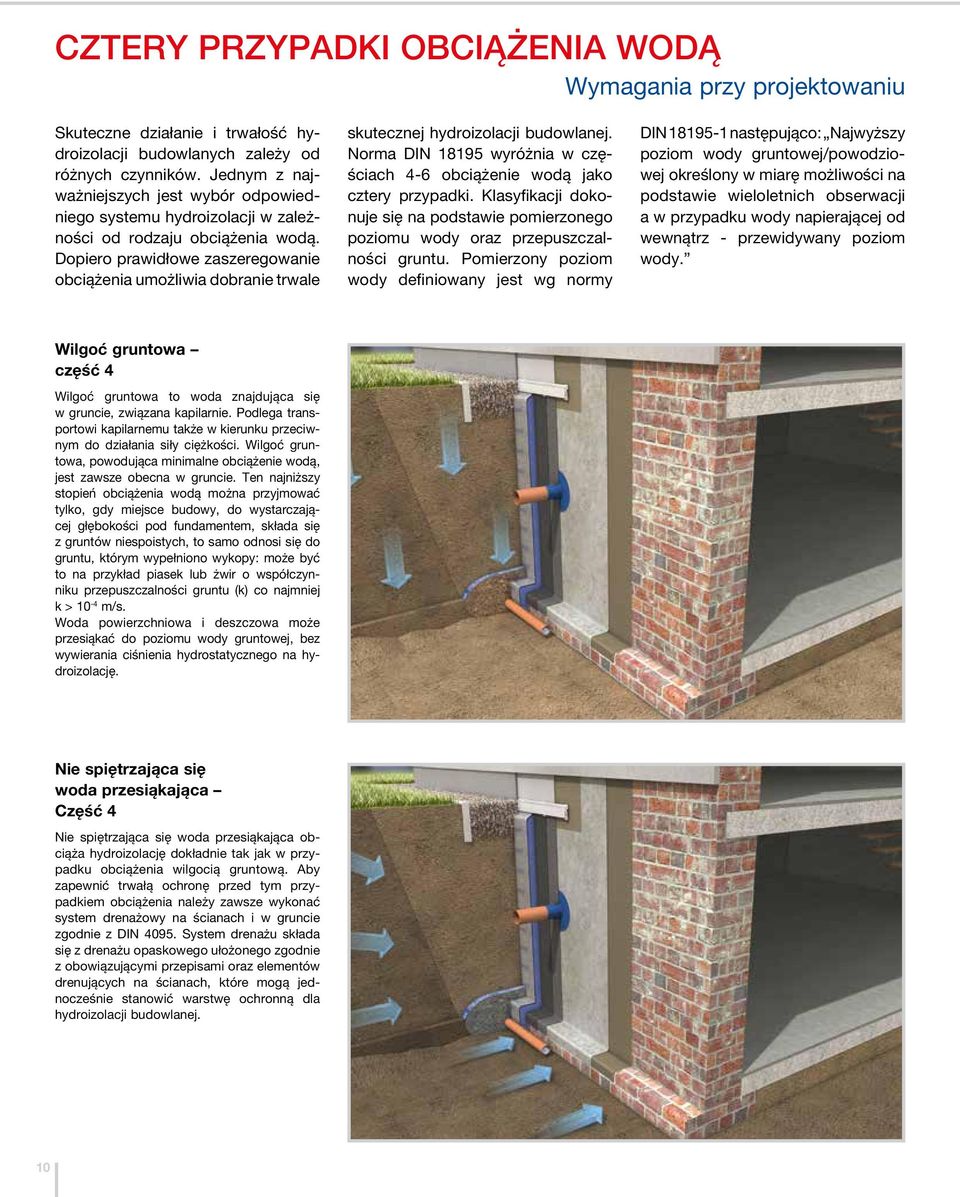 Dopiero prawidłowe zaszeregowanie obciążenia umożliwia dobranie trwale skutecznej hydroizolacji budowlanej. Norma DIN 18195 wyróżnia w częściach 4-6 obciążenie wodą jako cztery przypadki.
