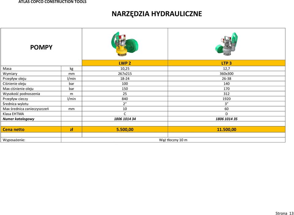 312 Przepływ cieczy l/min 840 1920 Średnica wylotu 2 3 Max średnica zanieczyszczeń mm 10 60 Klasa EHTMA C