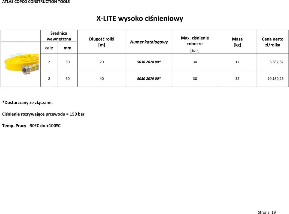 ciśnienie robocze [bar] Masa [kg] Cena netto zł/rolka 2 50 20 9030 2078 00* 30 17