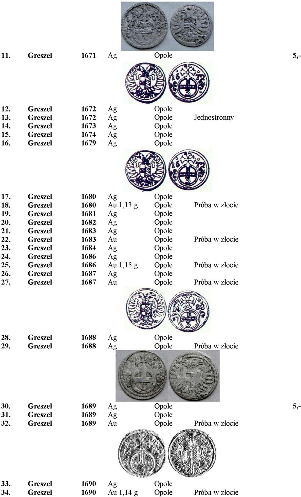 1688 1688 30. 31. 32. 1689 1689 1689 Au Próba w złocie 33. 34.