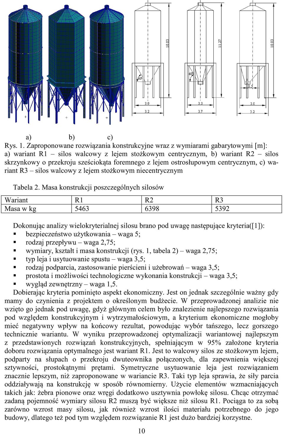 z lejem ostrosłupowym centrycznym, c) wariant R3 silos walcowy z lejem stożkowym niecentrycznym Tabela 2.