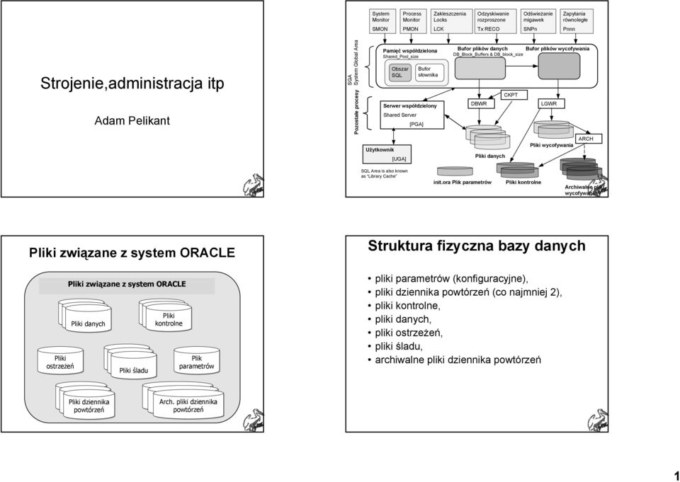 DB_Block_Buffers & DB_block_size DBWR CKPT LGWR Użytkownik [UGA] Pliki danych Pliki wycofywania ARCH SQL Area is also known as Library Cache init.