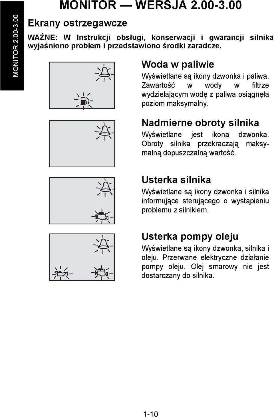 Nadmierne obroty silnika Wyświetlane jest ikona dzwonka. Obroty silnika przekraczają maksymalną dopuszczalną wartość.