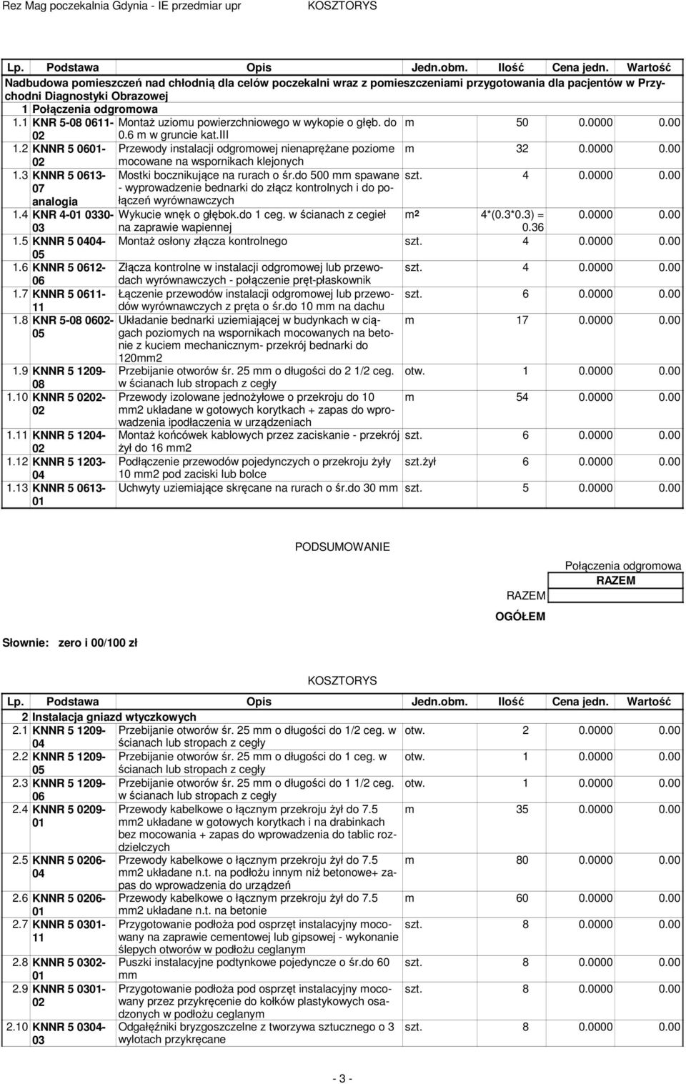 1 KNR 5-08 0611- Montaż uziomu powierzchniowego w wykopie o głęb. do m 50 0.0000 0.00 02 0.6 m w gruncie kat.iii 1.