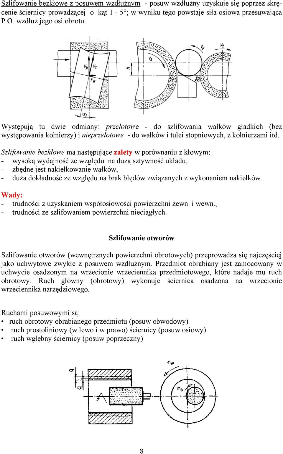 Szlifowanie bezkłowe ma następujące zalety w porównaniu z kłowym: - wysoką wydajność ze względu na dużą sztywność układu, - zbędne jest nakiełkowanie wałków, - duża dokładność ze względu na brak