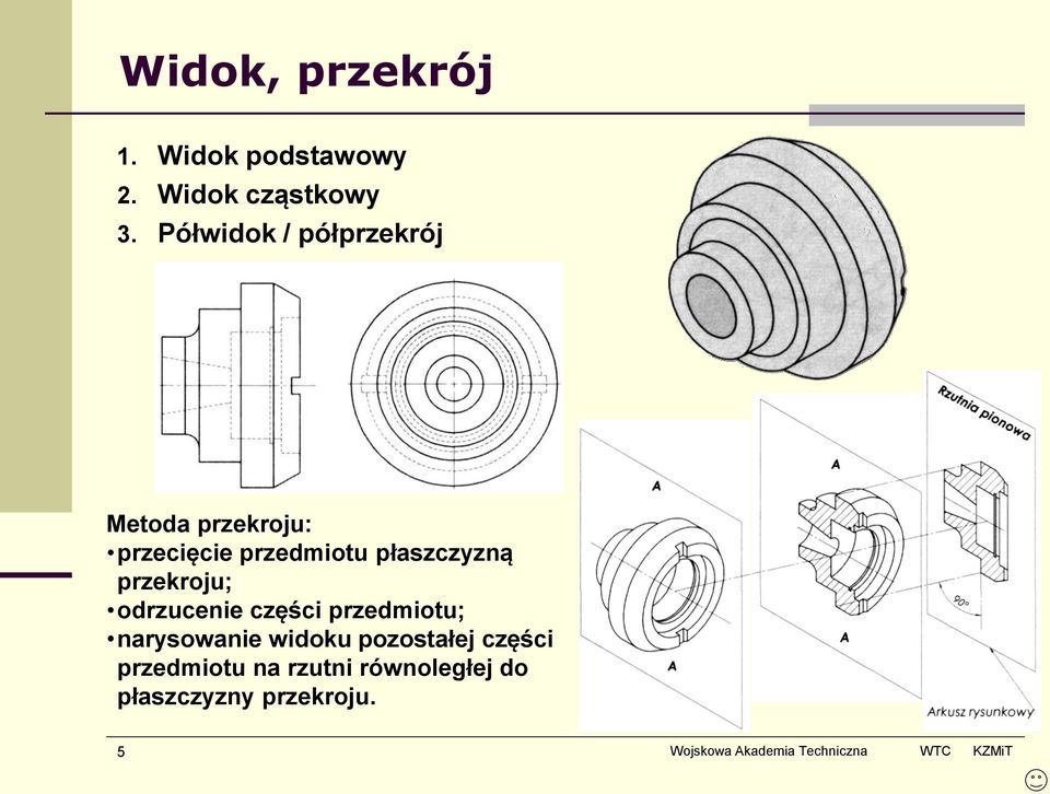 płaszczyzną przekroju; odrzucenie części przedmiotu; narysowanie