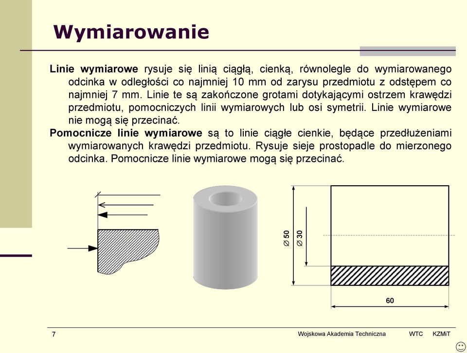 Linie te są zakończone grotami dotykającymi ostrzem krawędzi przedmiotu, pomocniczych linii wymiarowych lub osi symetrii.