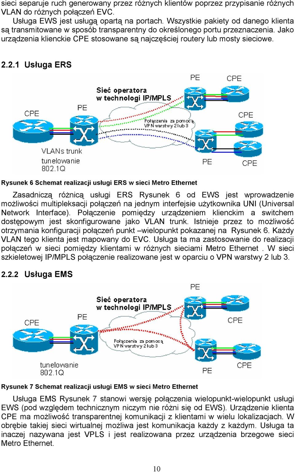 2.1 Usługa ERS Rysunek 6 Schemat realizacji usługi ERS w sieci Metro Ethernet Zasadniczą róŝnicą usługi ERS Rysunek 6 od EWS jest wprowadzenie moŝliwości multipleksacji połączeń na jednym interfejsie