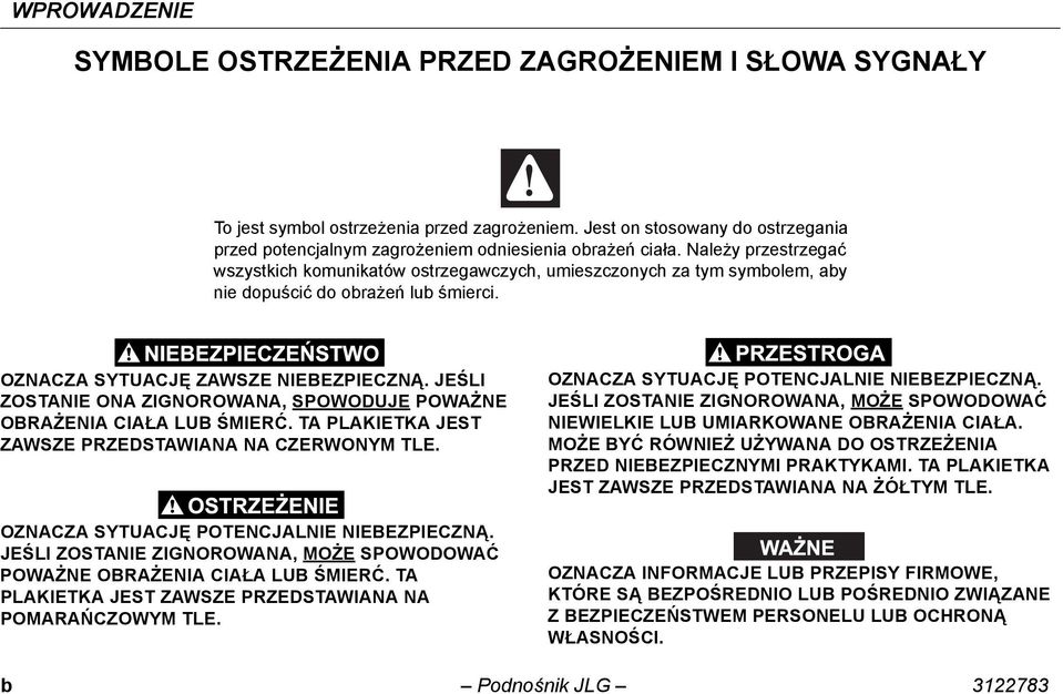 Należy przestrzegać wszystkich komunikatów ostrzegawczych, umieszczonych za tym symbolem, aby nie dopuścić do obrażeń lub śmierci. OZNACZA SYTUACJĘ ZAWSZE NIEBEZPIECZNĄ.