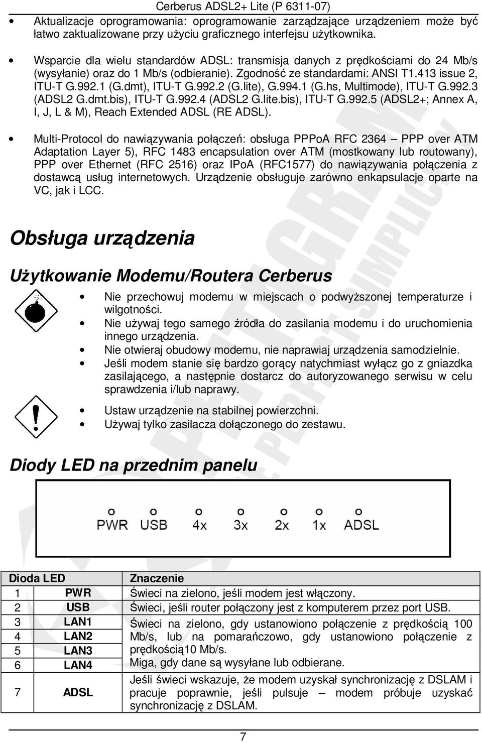 992.2 (G.lite), G.994.1 (G.hs, Multimode), ITU-T G.992.3 (ADSL2 G.dmt.bis), ITU-T G.992.4 (ADSL2 G.lite.bis), ITU-T G.992.5 (ADSL2+; Annex A, I, J, L & M), Reach Extended ADSL (RE ADSL).