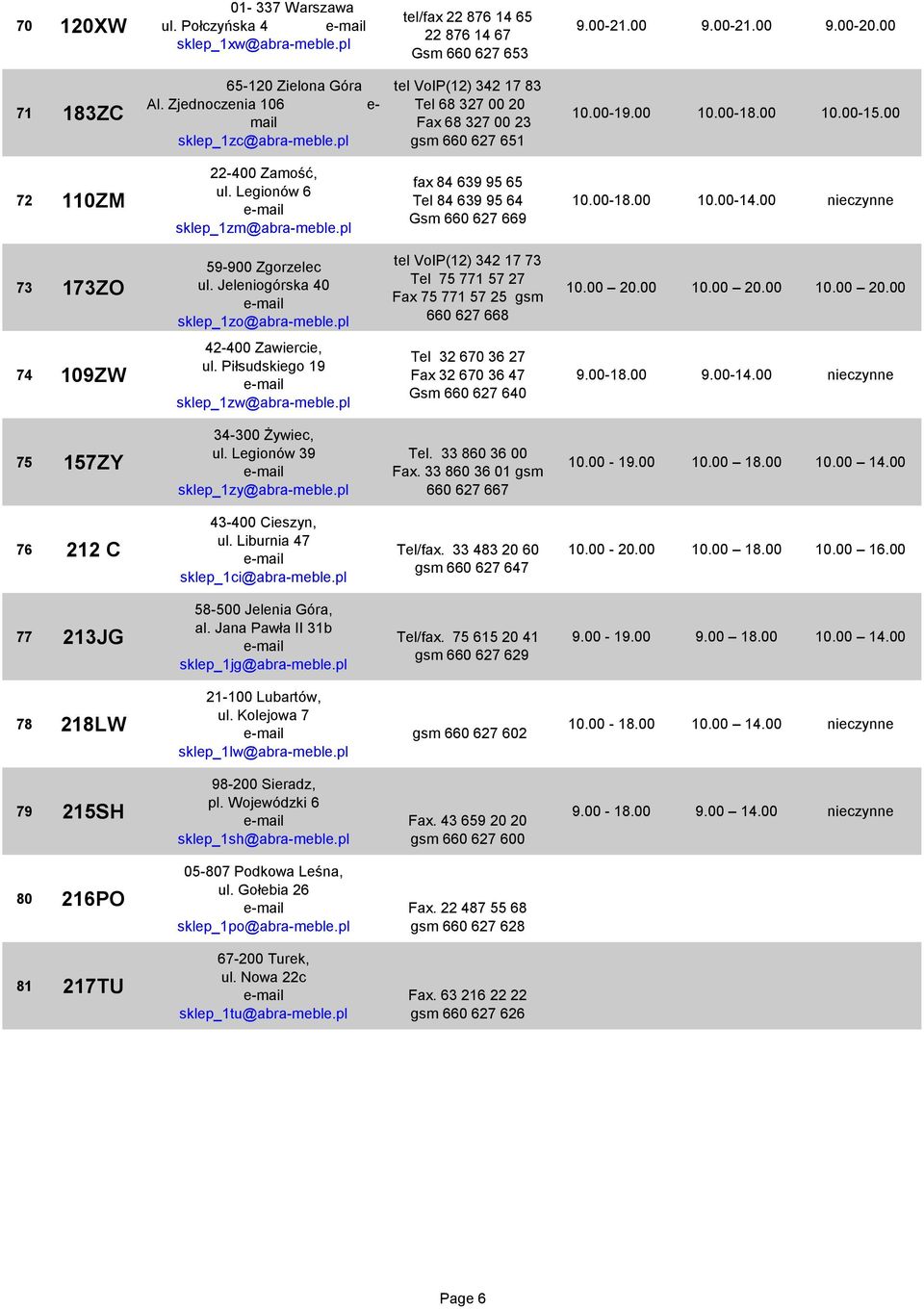 Legionów 6 sklep_1zm@abra-meble.pl fax 84 639 95 65 Tel 84 639 95 64 Gsm 660 627 669 10.00-18.00 10.00-14.00 73 173ZO 59-900 Zgorzelec ul. Jeleniogórska 40 sklep_1zo@abra-meble.