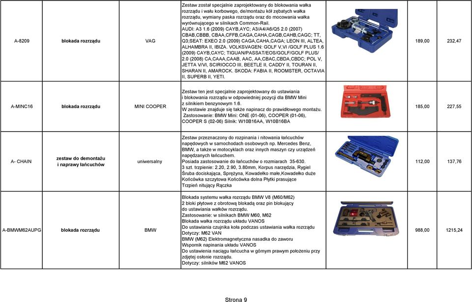 0 (2009) CAGA,CAHA,CAGA; LEON III, ALTEA, ALHAMBRA II, IBIZA. VOLKSVAGEN: GOLF V,VI /GOLF PLUS 1.6 (2009) CAYB,CAYC; TIGUAN/PASSAT/EOS/GOLF/GOLF PLUS/ 2.