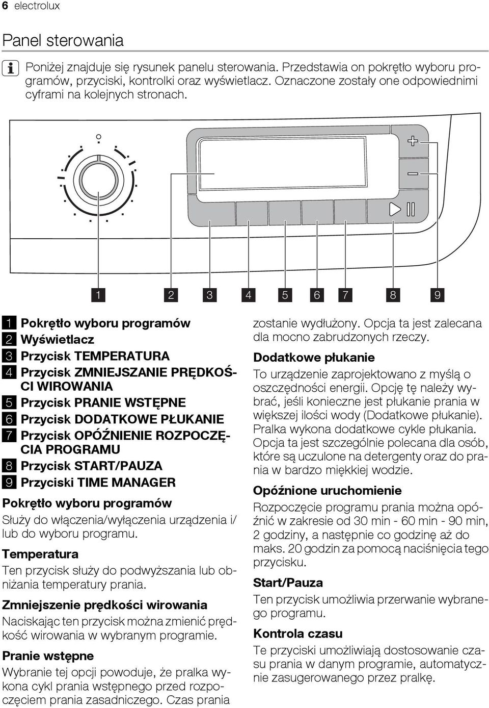 1 2 3 4 5 6 7 8 9 1 Pokrętło wyboru programów 2 Wyświetlacz 3 Przycisk TEMPERATURA 4 Przycisk ZMNIEJSZANIE PRĘDKOŚ- CI WIROWANIA 5 Przycisk PRANIE WSTĘPNE 6 Przycisk DODATKOWE PŁUKANIE 7 Przycisk