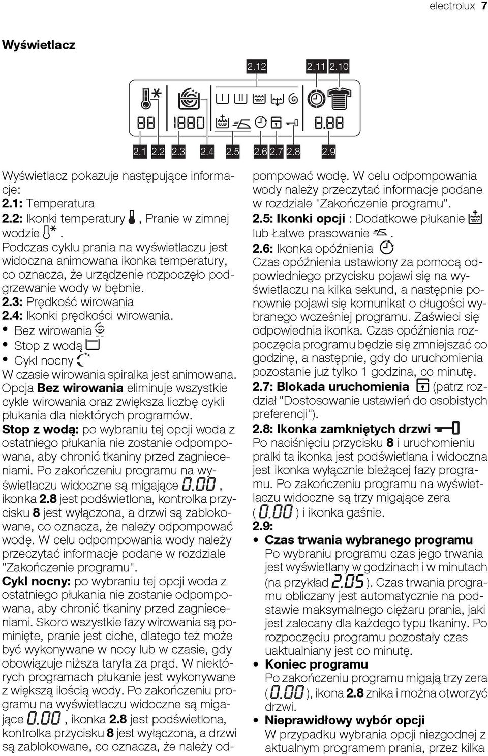 4: Ikonki prędkości wirowania. Bez wirowania Stop z wodą Cykl nocny W czasie wirowania spiralka jest animowana.