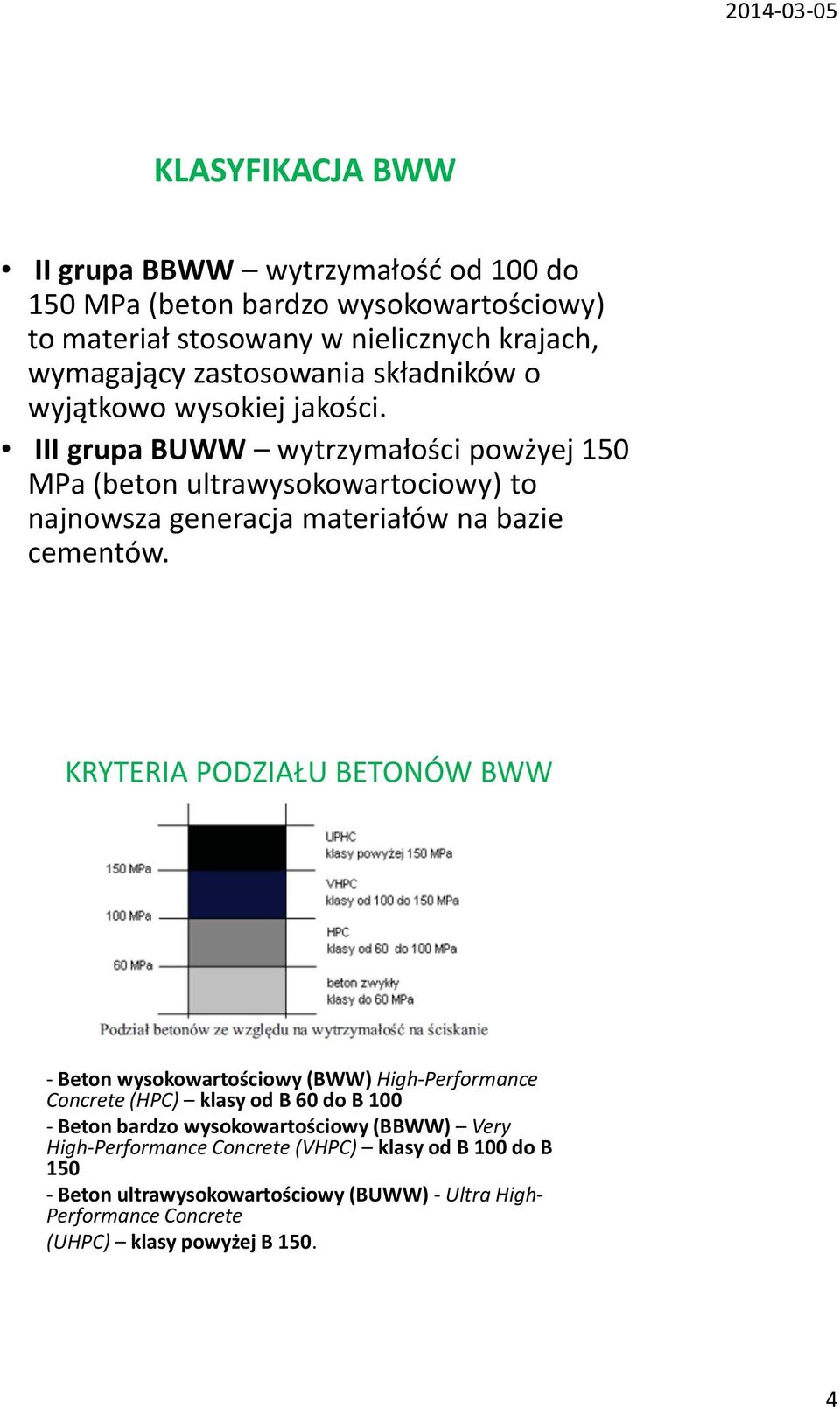 III grupa BUWW wytrzymałości powżyej 150 MPa (beton ultrawysokowartociowy) to najnowsza generacja materiałów na bazie cementów.