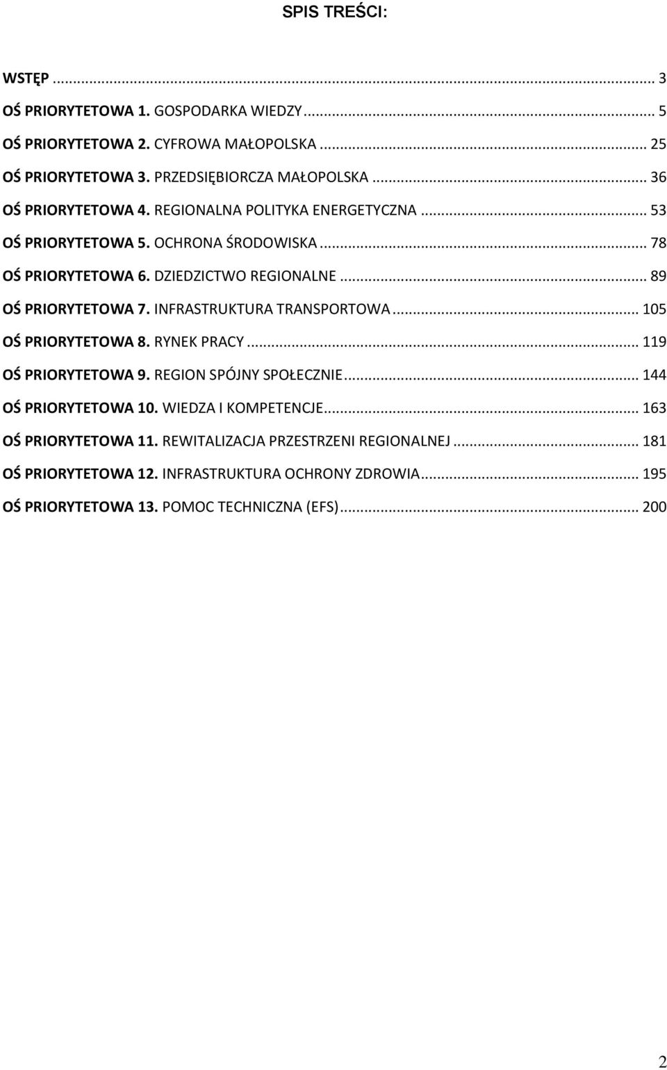 .. 89 OŚ PRIORYTETOWA 7. INFRASTRUKTURA TRANSPORTOWA... 105 OŚ PRIORYTETOWA 8. RYNEK PRACY... 119 OŚ PRIORYTETOWA 9. REGION SPÓJNY SPOŁECZNIE... 144 OŚ PRIORYTETOWA 10.