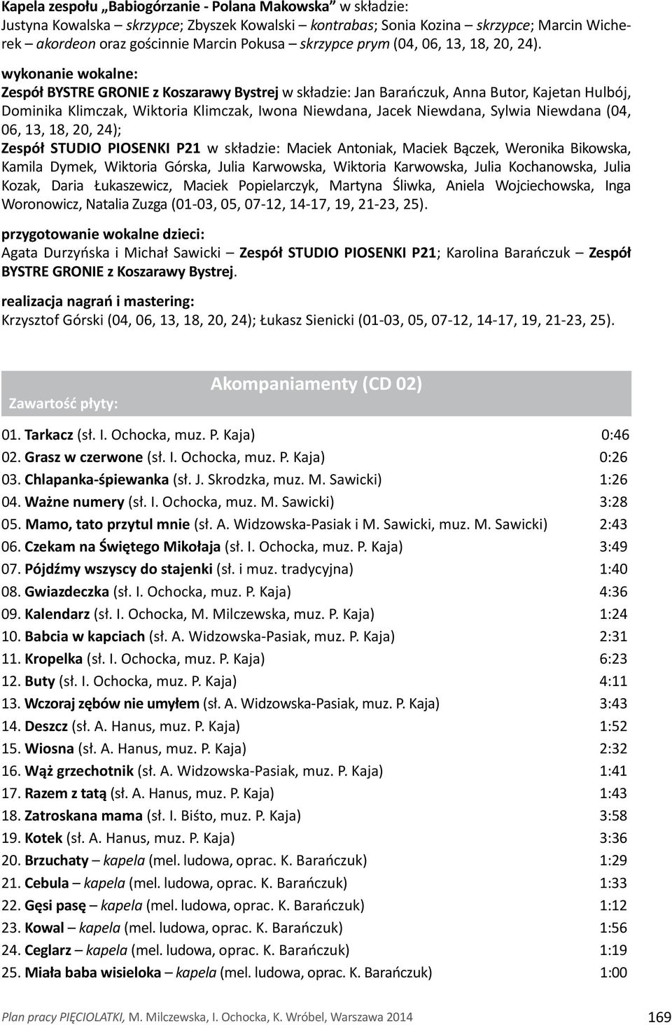 wykonanie wokalne: Zespół BYSTRE GRONIE z Koszarawy Bystrej w składzie: Jan Barańczuk, Anna Butor, Kajetan Hulbój, Dominika Klimczak, Wiktoria Klimczak, Iwona Niewdana, Jacek Niewdana, Sylwia