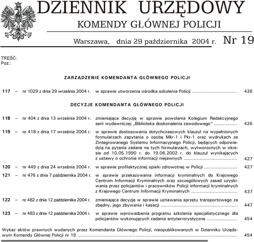 .. 426 DECYZJE KOMENDANTA GŁÓWNEGO POLICJI 118 nr 404 z dnia 13 września 2004 r. zmieniająca decyzję w sprawie powołania Kolegium Redakcyjnego serii wydawniczej Biblioteka doskonalenia zawodowego.