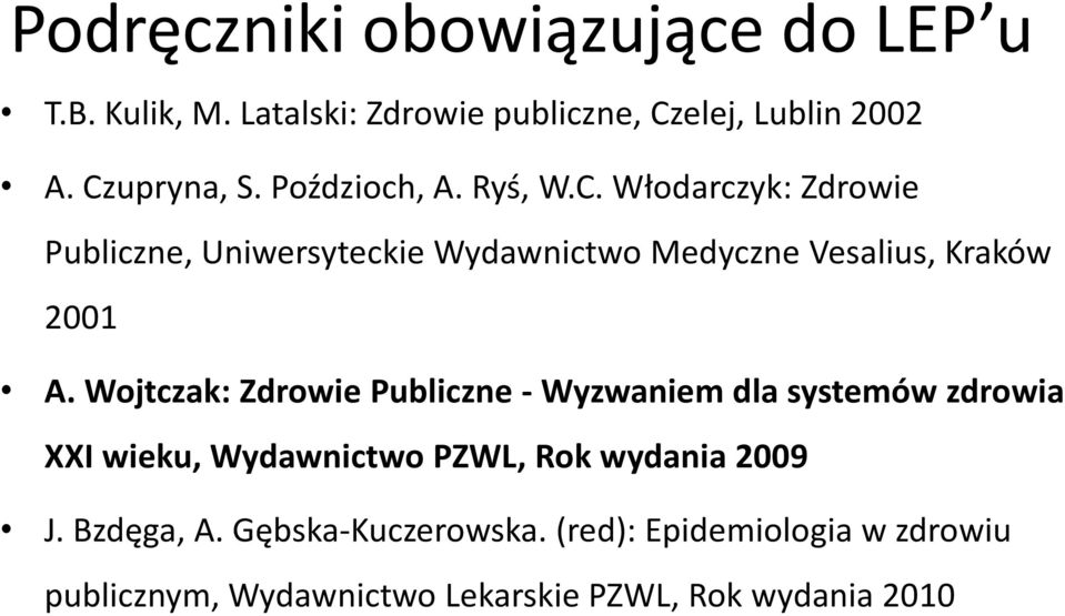 Wojtczak: Zdrowie Publiczne - Wyzwaniem dla systemów zdrowia XXI wieku, Wydawnictwo PZWL, Rok wydania 2009 J.